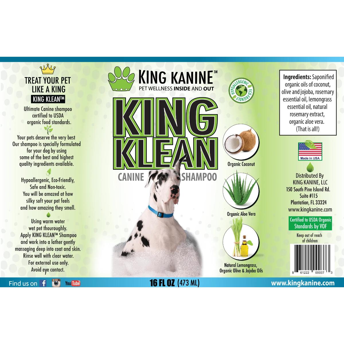 Eco-friendly pet shampoo by King Kanine with coconut, aloe vera, jojoba, olive, rosemary and lemongrass