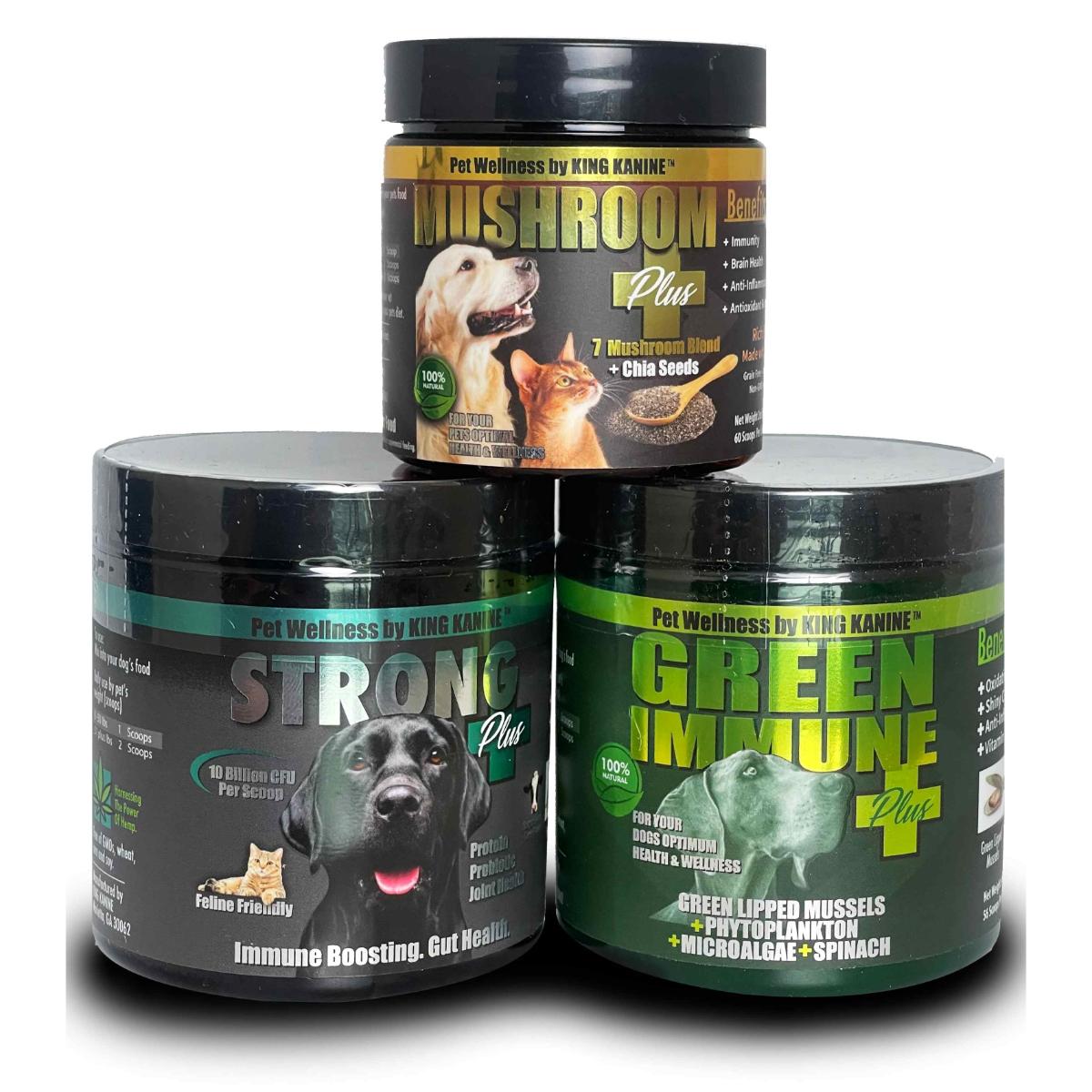 King Kanine Triple Wellness Combo – Green Plus+, Strong Plus+, and Mushroom Plus+ supplements for pets

