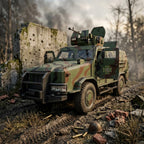 A military armored vehicle in green camouflage drives through mud and debris in a war-torn forest setting with ruined concrete walls and smoke in the background.