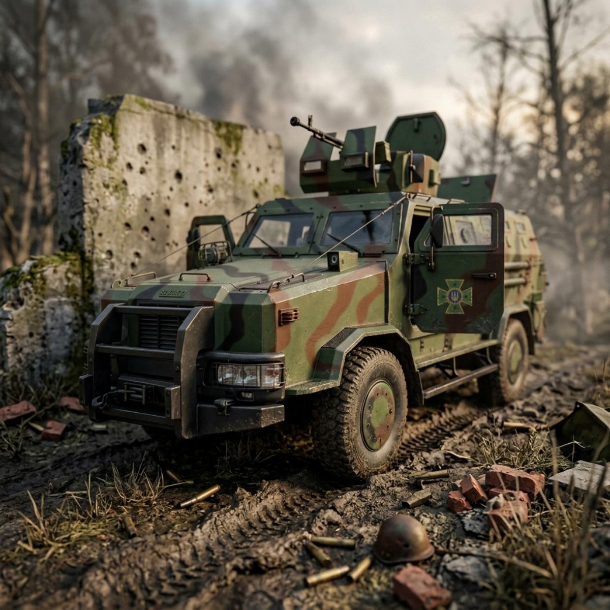 A military armored vehicle in green camouflage drives through mud and debris in a war-torn forest setting with ruined concrete walls and smoke in the background.