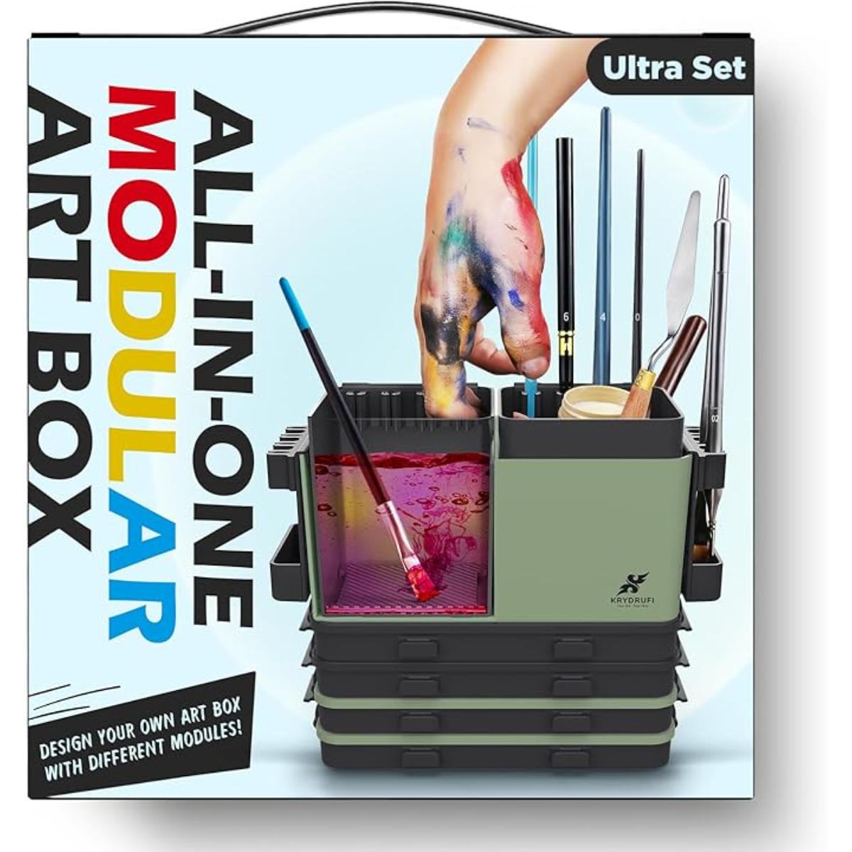Krydrufi All-In-One Modular Art Box with compartments for brushes, paints, and modeling tools

