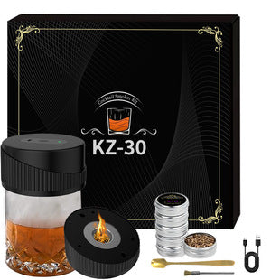 Electric whiskey smoker kit with wooden box, smoker device, and wood chips