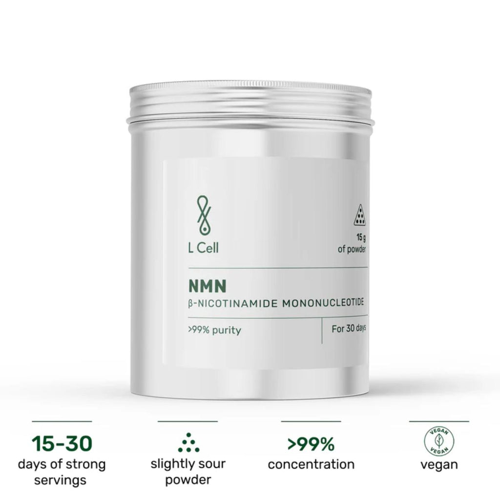 Silver container labeled 'L Cell NMN' with product details on a white background