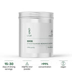 Silver container labeled 'L Cell NMN' with product details on a white background