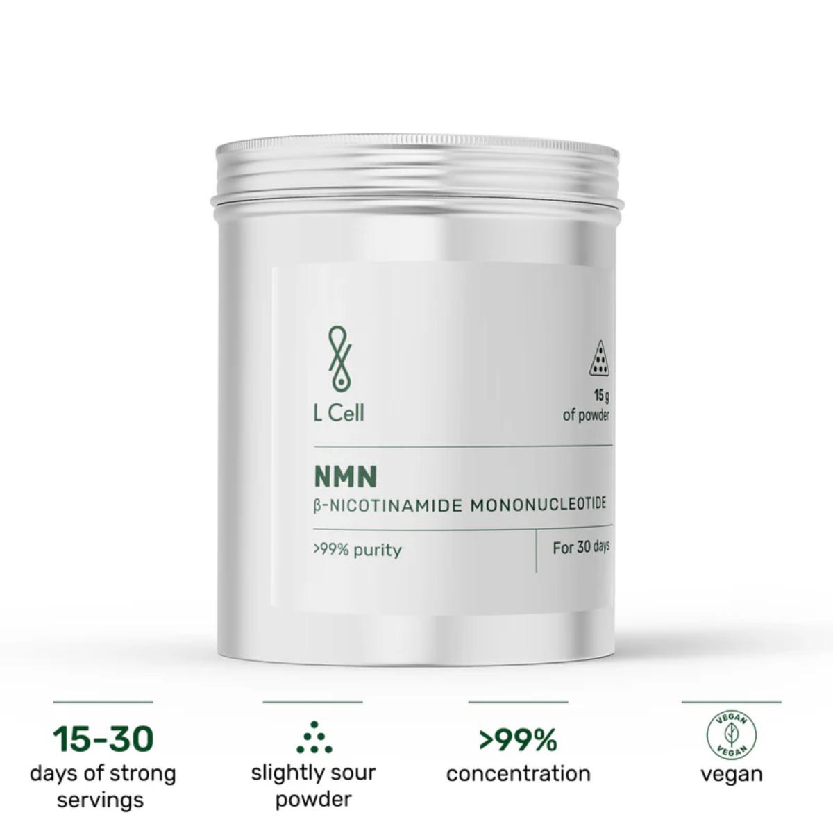 Silver container labeled 'L Cell NMN' with product details on a white background