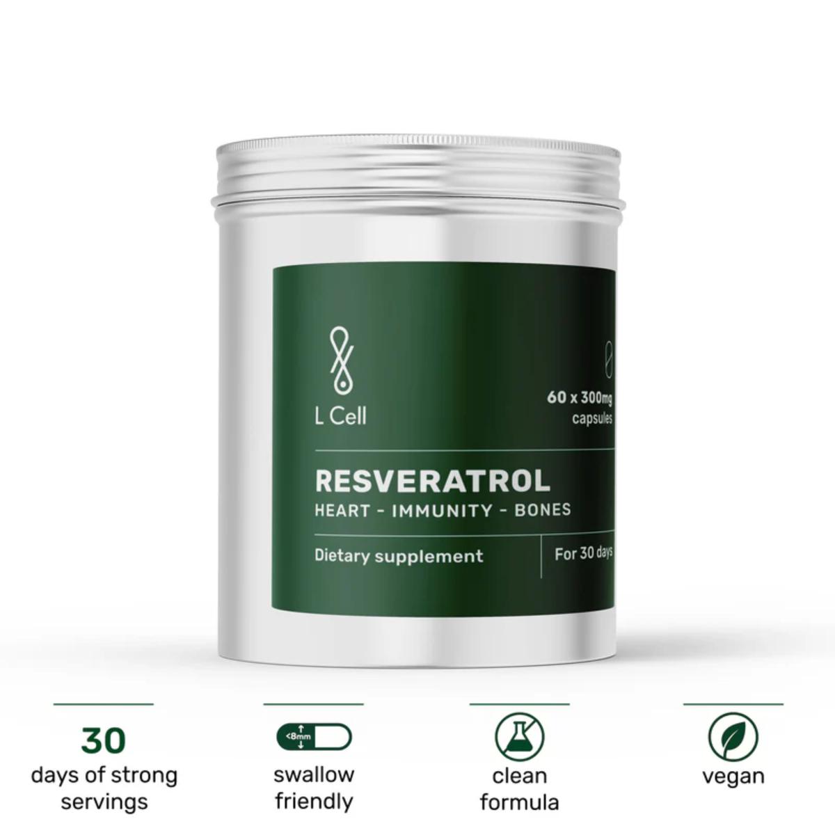 L Cell Dietary supplement container labeled 'Resveratrol' with green label and white body on a light gray background