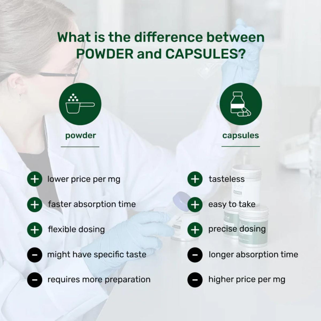 Comparison chart between powder and capsules with a person in a lab coat and gloves holding a bottle.