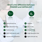 Comparison chart between powder and capsules with a person in a lab coat and gloves holding a bottle.