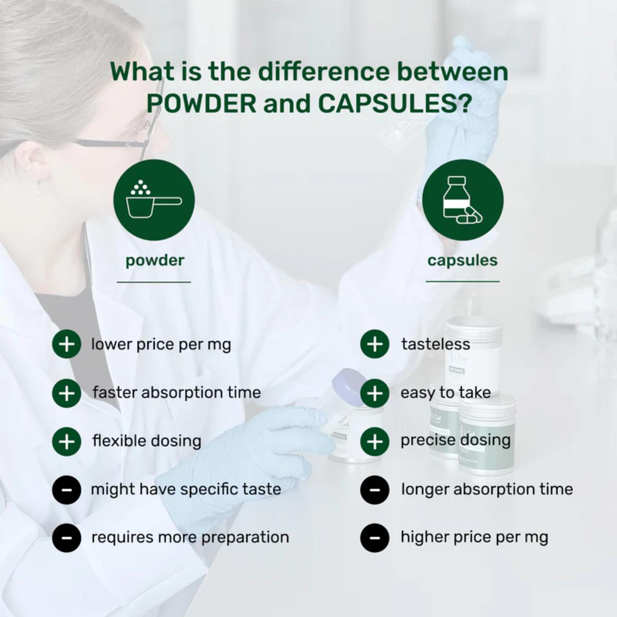 Comparison chart between powder and capsules with a person in a lab coat and gloves holding a bottle.