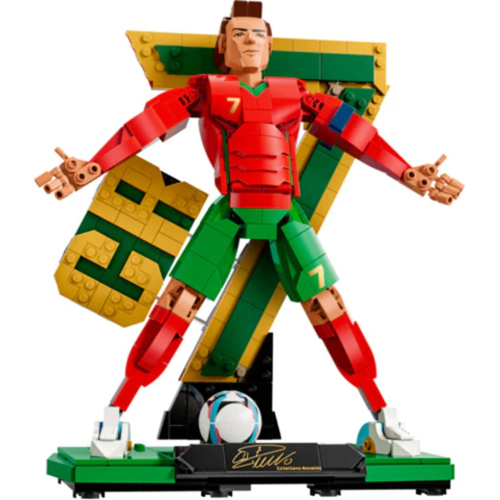 LEGO figure of a soccer player in red and green with a ball on a white background