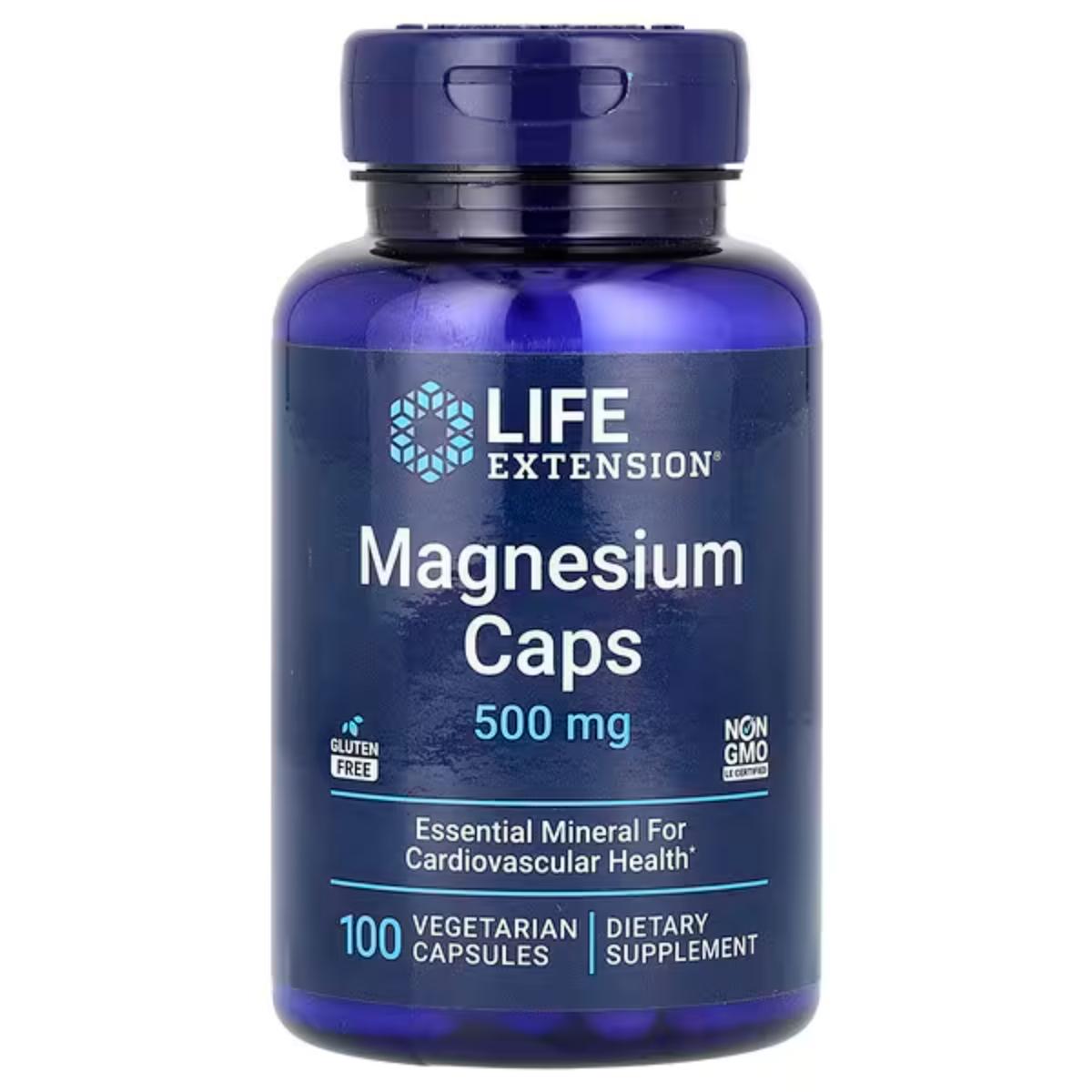 Life Extension Magnesium Caps 500 mg bottle with 100 vegetarian capsules
