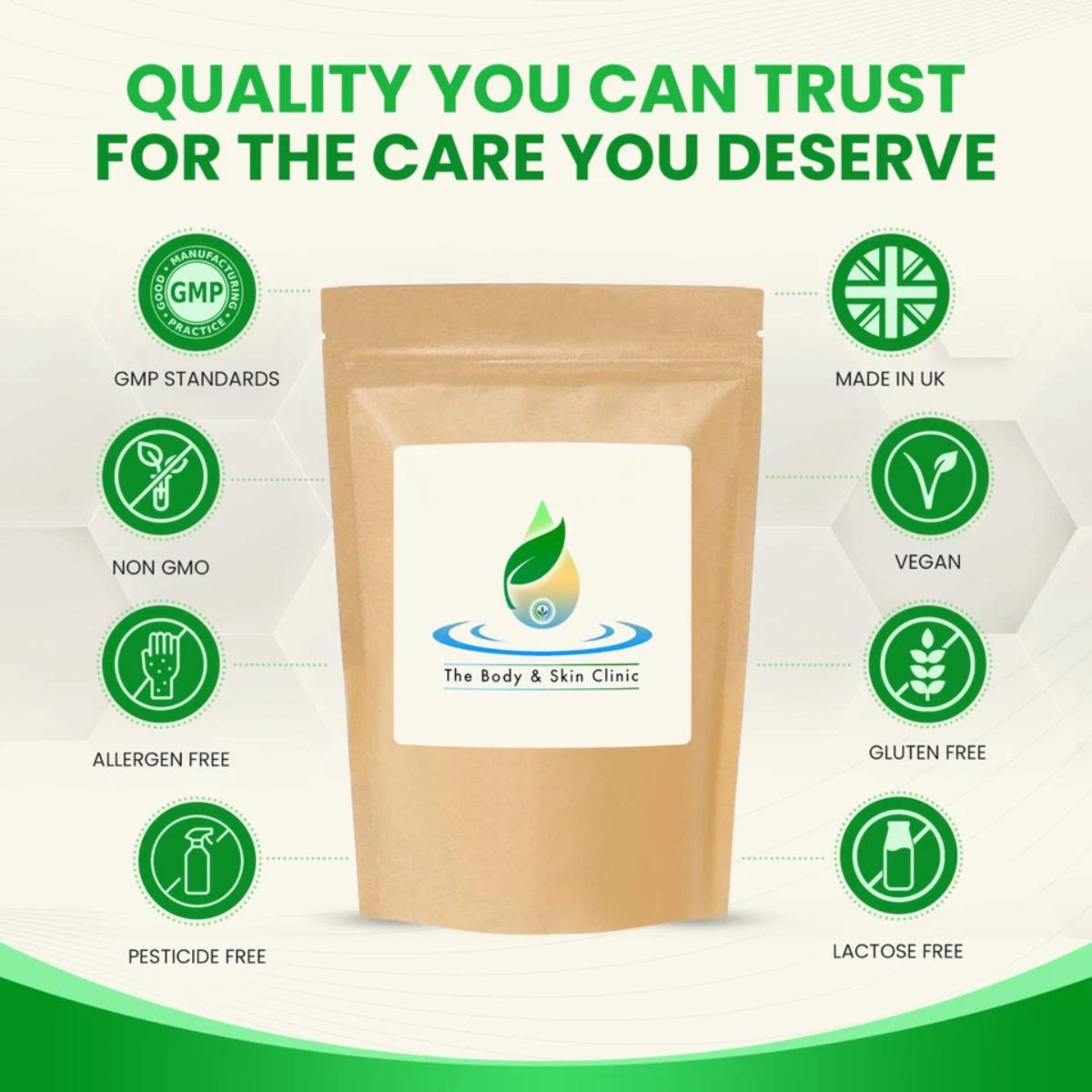 Brown package with a brand logo on a white background with green certification icons.