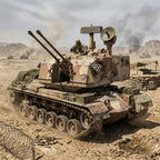 A military self-propelled howitzer tank in desert camouflage, positioned in a sandy, war-torn desert environment with sandbags, barbed wire, and distant smoke.
