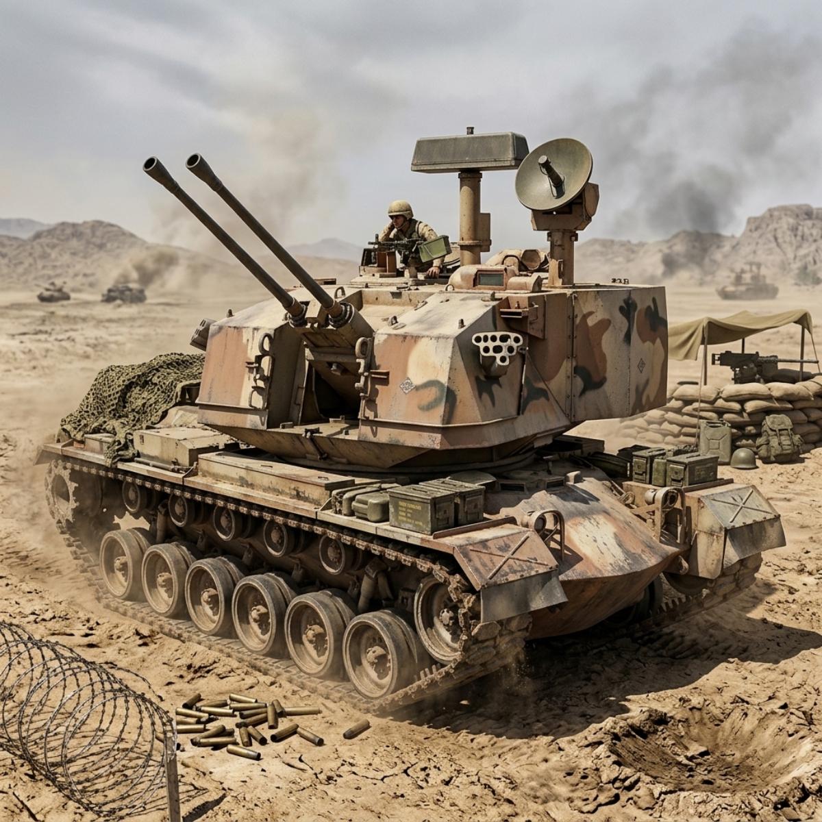 A military self-propelled howitzer tank in desert camouflage, positioned in a sandy, war-torn desert environment with sandbags, barbed wire, and distant smoke.