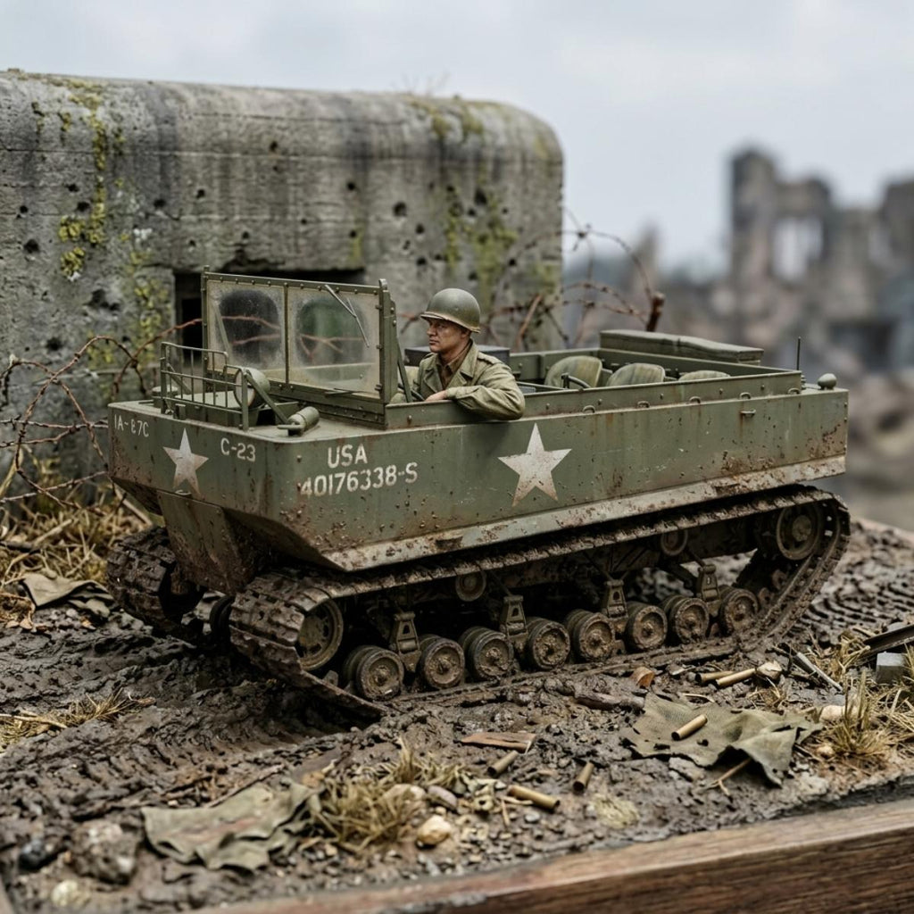 A detailed scale model of a vintage military armored vehicle with a miniature driver figure, set on a muddy diorama background with a concrete bunker.