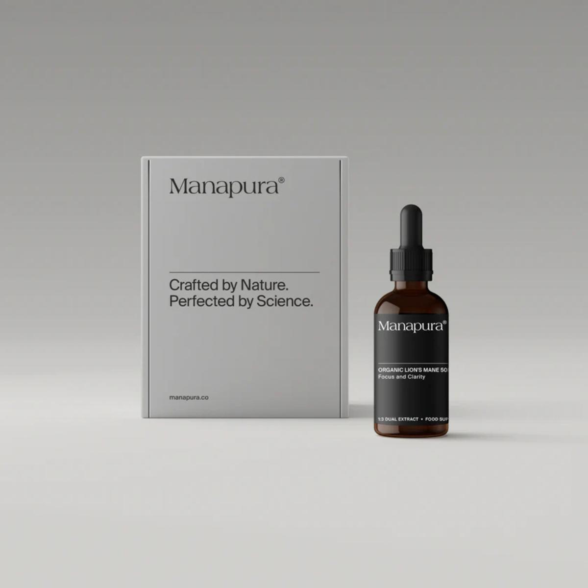 Manapura Organic Lion’s Mane Tincture in glass dropper bottle, dual‑extracted mushroom formula designed for cognitive support, focus and mental clarity.
