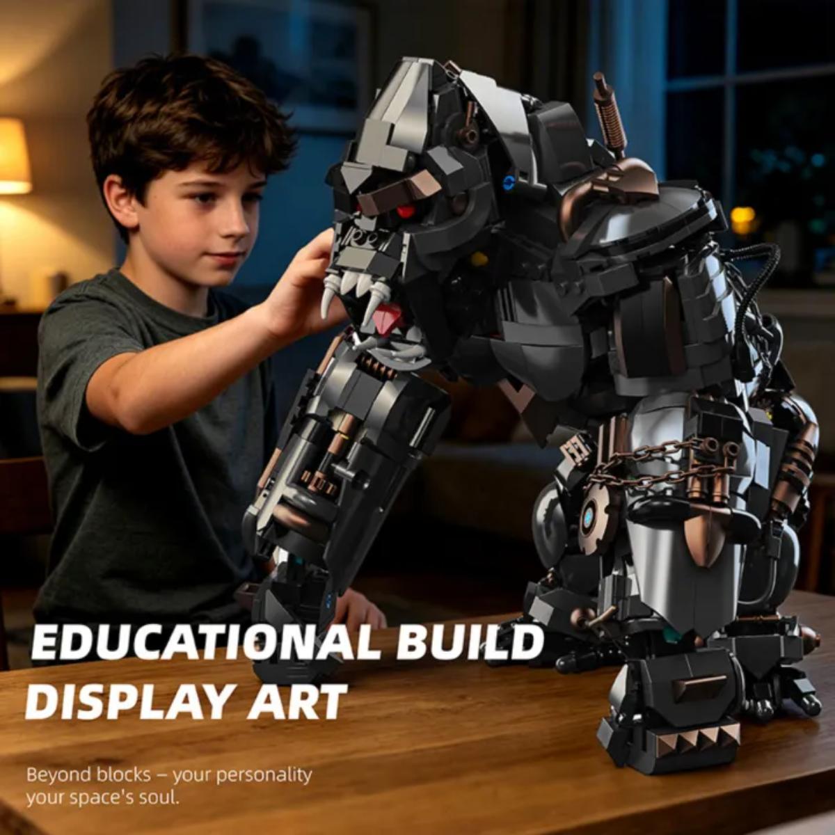Child playing with a large robot model on a wooden table, with text 'Educational Build Display Art' displayed.