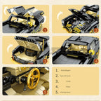 Step-by-step assembly instructions for a toy car model using building blocks.