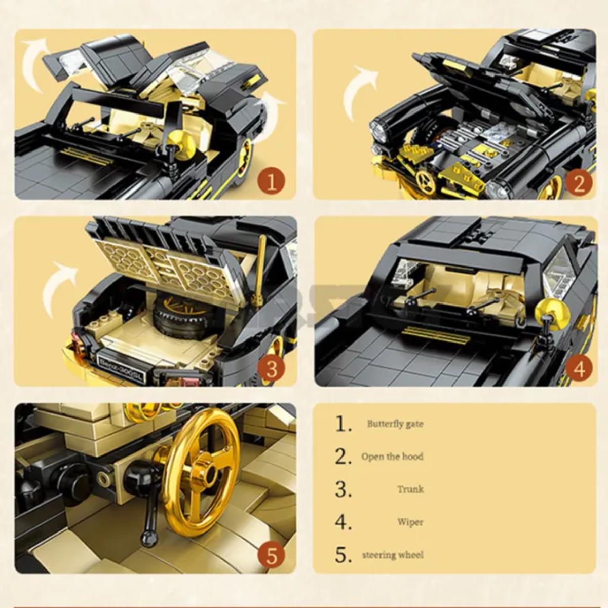 Step-by-step assembly instructions for a toy car model using building blocks.