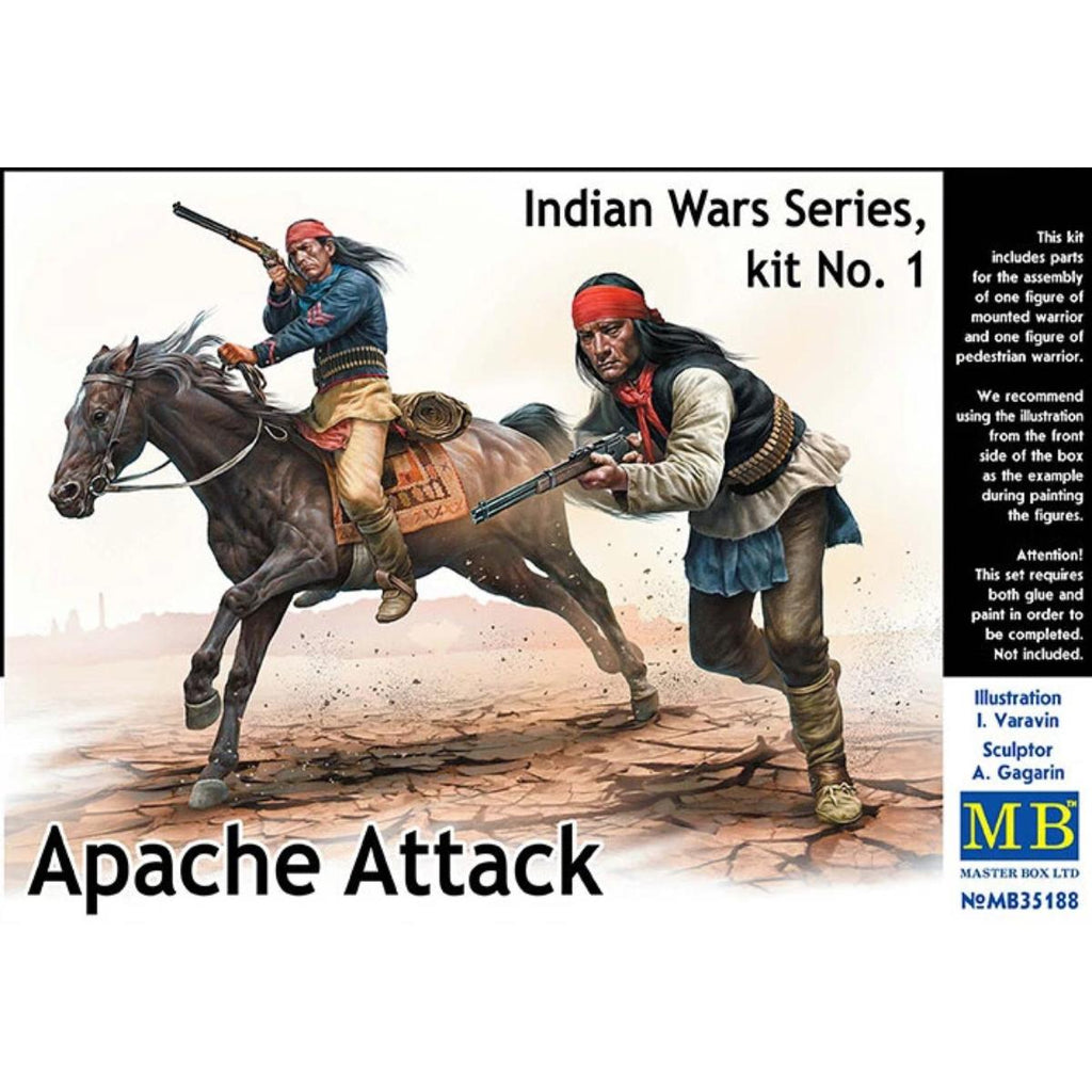 Master Box 1/35 Indian Wars Series Apache Attack 35188 plastic model kit featuring dynamic Native American warrior figures in action poses for historical dioramas.