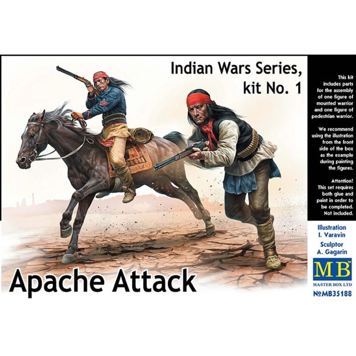 Master Box 1/35 Indian Wars Series Apache Attack 35188 plastic model kit featuring dynamic Native American warrior figures in action poses for historical dioramas.