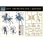 Master Box 1/35 Indian Wars Series Apache Attack 35188 plastic model kit featuring dynamic Native American warrior figures in action poses for historical dioramas.