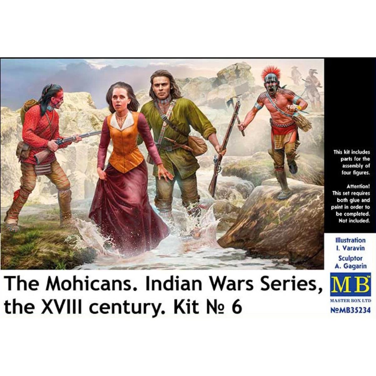 Master Box 1/35 Indian Wars Series The Mohicans 35234 plastic model kit featuring detailed 18th‑century Native American and frontier figures for historical dioramas.