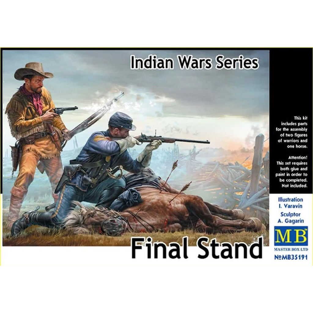 Master Box 1/35 scale Indian Wars Series Final Stand MAS35191 plastic model kit featuring detailed Native American warriors and U.S. cavalry figures posed in a dramatic frontier battle diorama scene.