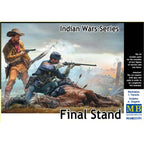 Master Box 1/35 scale Indian Wars Series Final Stand MAS35191 plastic model kit featuring detailed Native American warriors and U.S. cavalry figures posed in a dramatic frontier battle diorama scene.