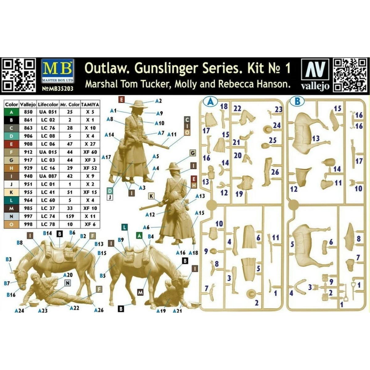 Master Box 1/35 Outlaw Gunslinger Series Kit No.1 (35203) plastic model figure depicting a detailed Wild West outlaw in period clothing, ideal for dioramas and historical modeling.