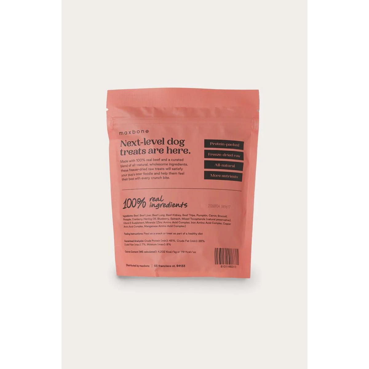 maxbone freeze-dried beef dog treats in 5oz resealable pouch