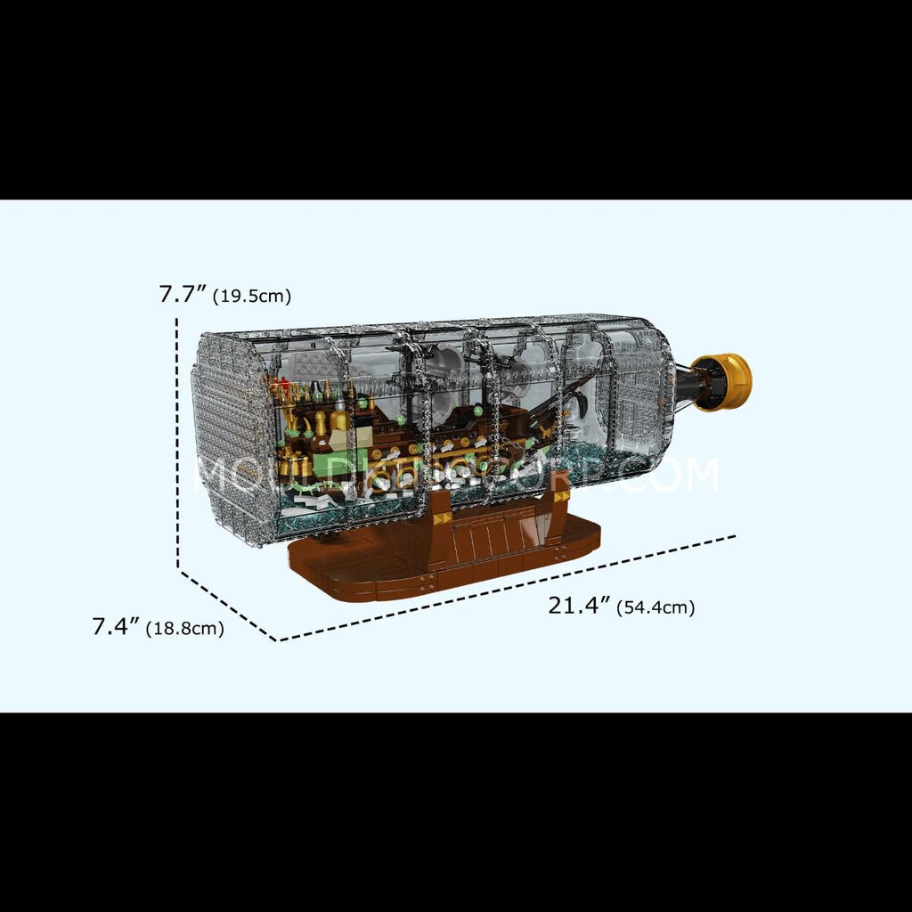 Detailed building blocks model of a flying dutchman ship within display bottle