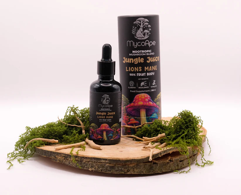 Jungle Juice tincture bottle with Lion’s Mane, Ashwagandha and Aronia dual extract, UK-made vegan nootropic