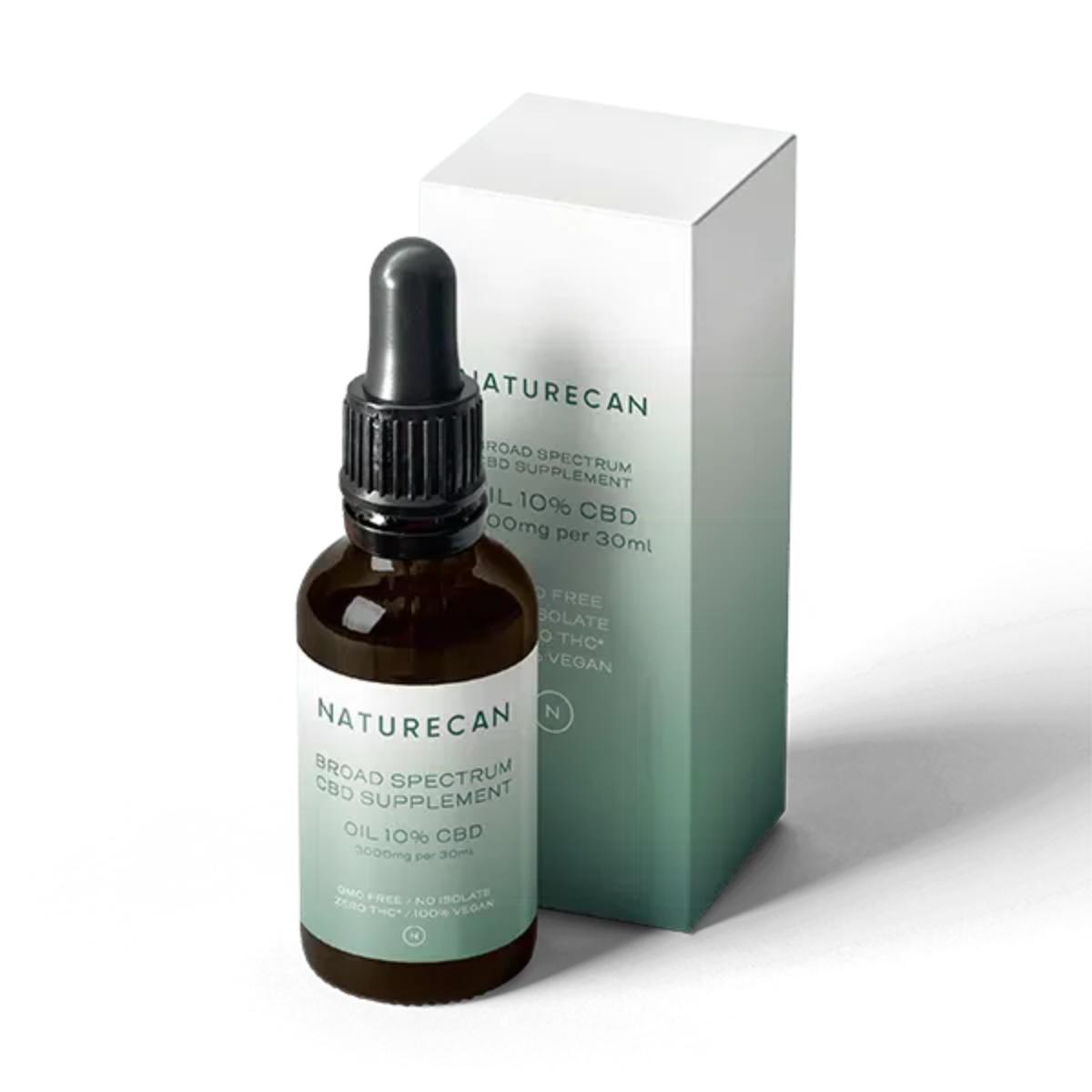 Naturecan 10% broad-spectrum CBD oil bottle with organic MCT carrier and lab-tested label
