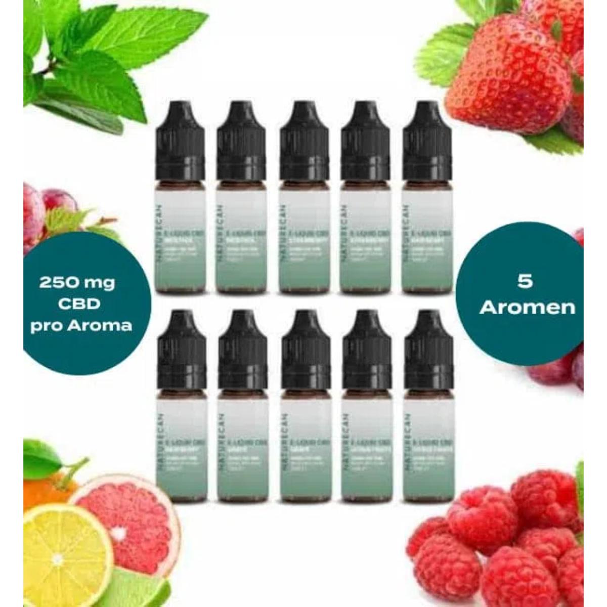Naturecan CBD e-liquid pack with five flavours bottles: strawberry, menthol, citrus, raspberry, grape
