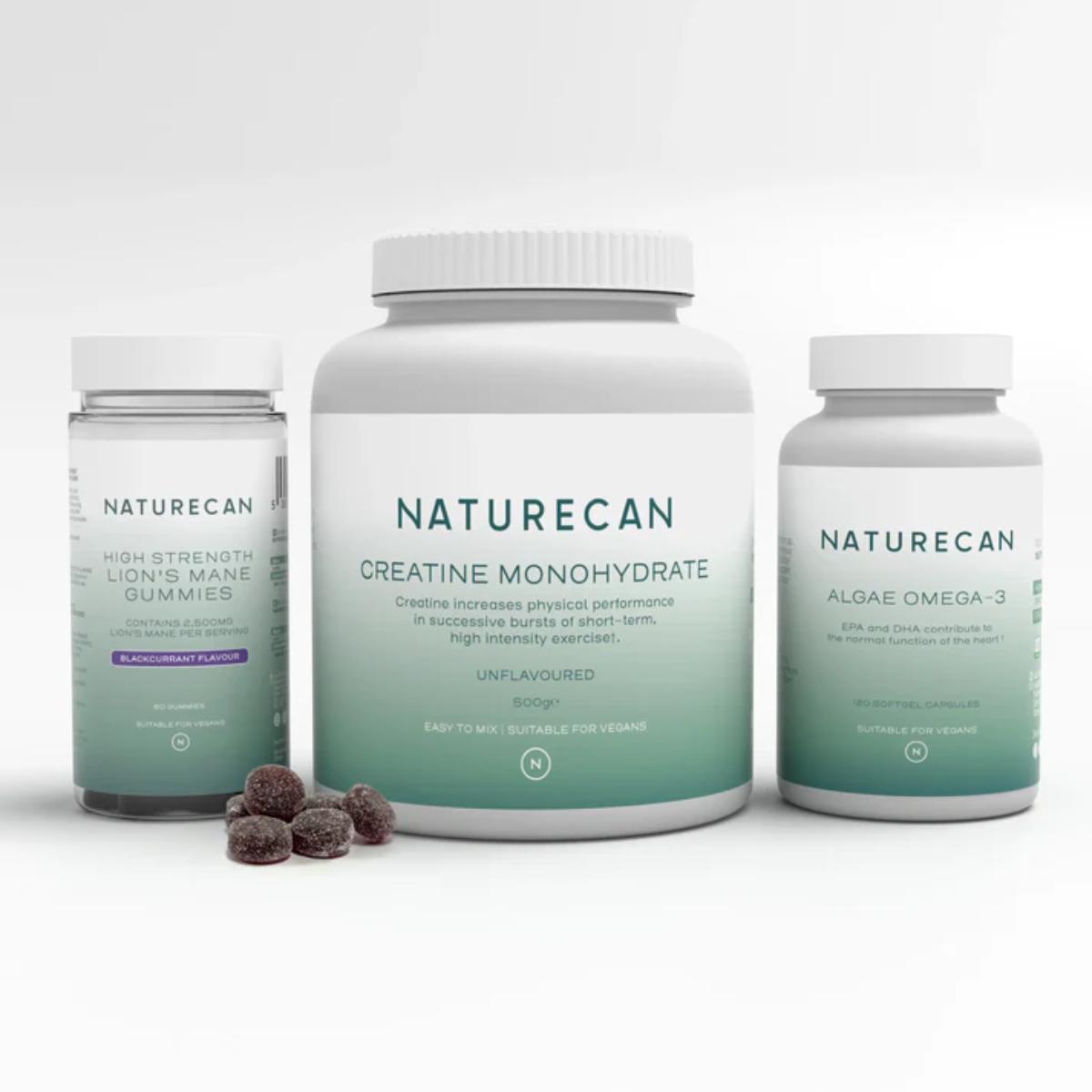 Naturecan Memory Bundle – Lion’s Mane gummies, creatine powder, vegan omega-3 capsules