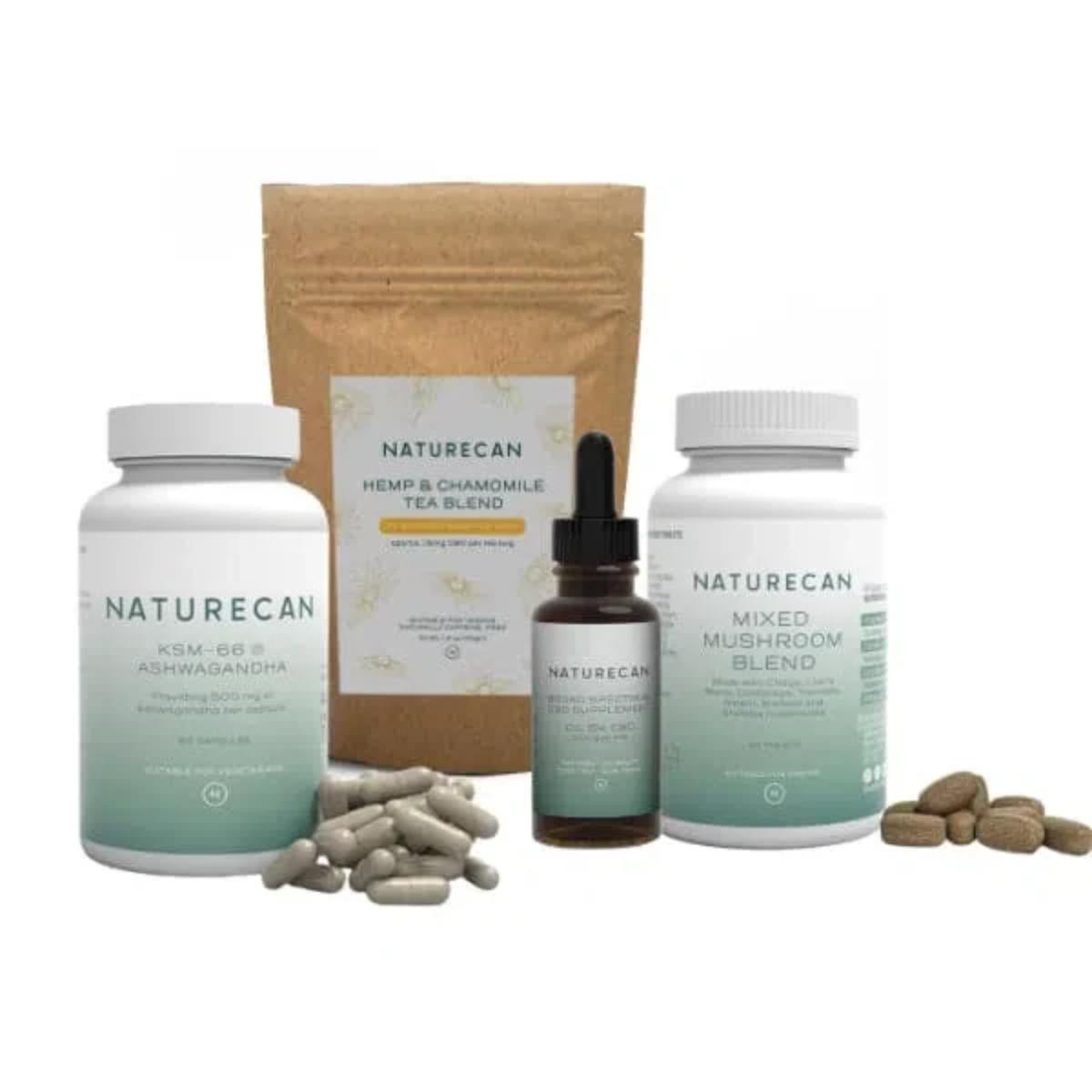 Naturecan Stress Bundle – CBD oil, KSM-66® Ashwagandha capsules, CBD chamomile tea, Mushroom Complex tablets