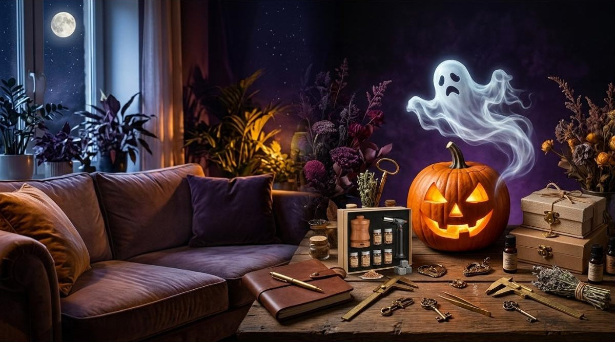 A cozy modern living room with deep purple lighting, featuring a velvet sofa, a rustic wooden table displaying a cocktail smoker kit with a torch, a glowing jack-o'-lantern with a translucent floating ghost, and a robotic vacuum cleaner on the floor in front of the sofa.
