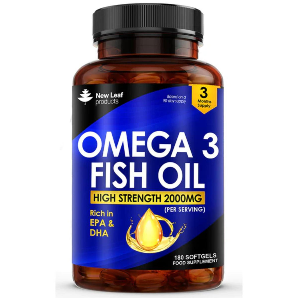 Omega 3 fish oil 1000mg softgel capsules with vitamin E daily supplement bottle