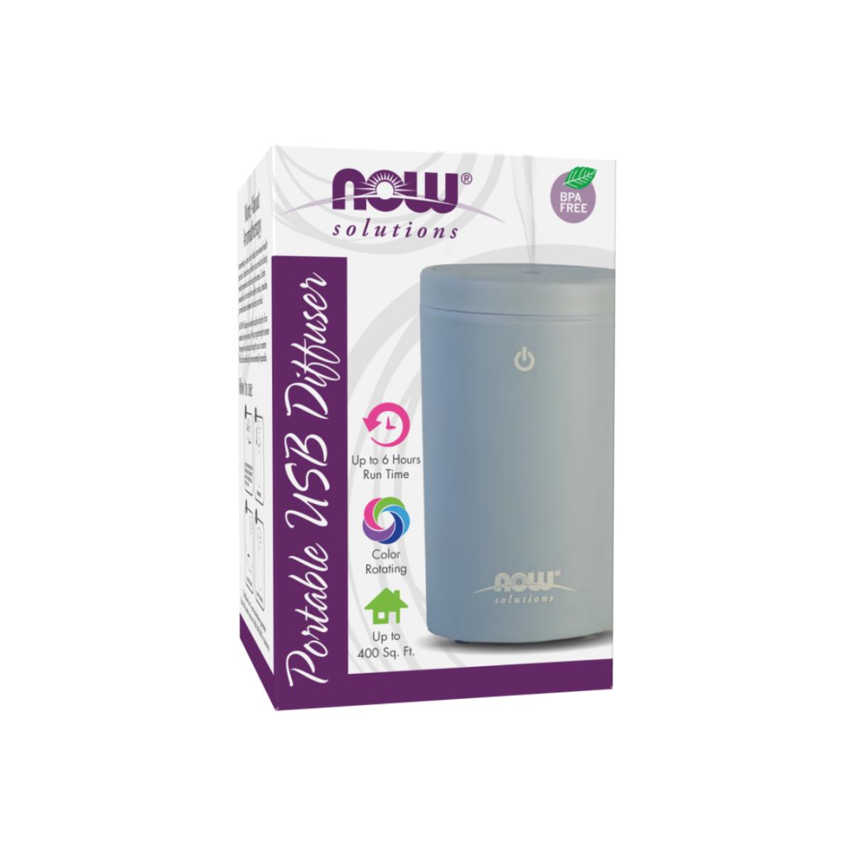 NOW Foods portable USB oil diffuser emitting mist with LED light