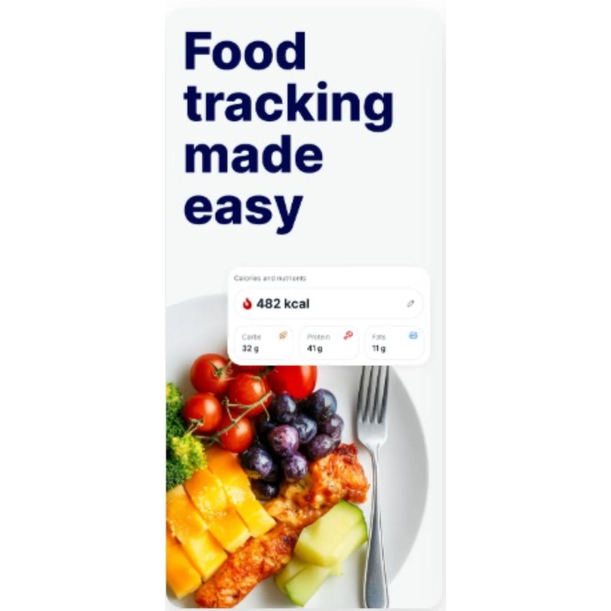 Food tracking nutrinixy app interface with a plate of food and nutritional information on a white background.
