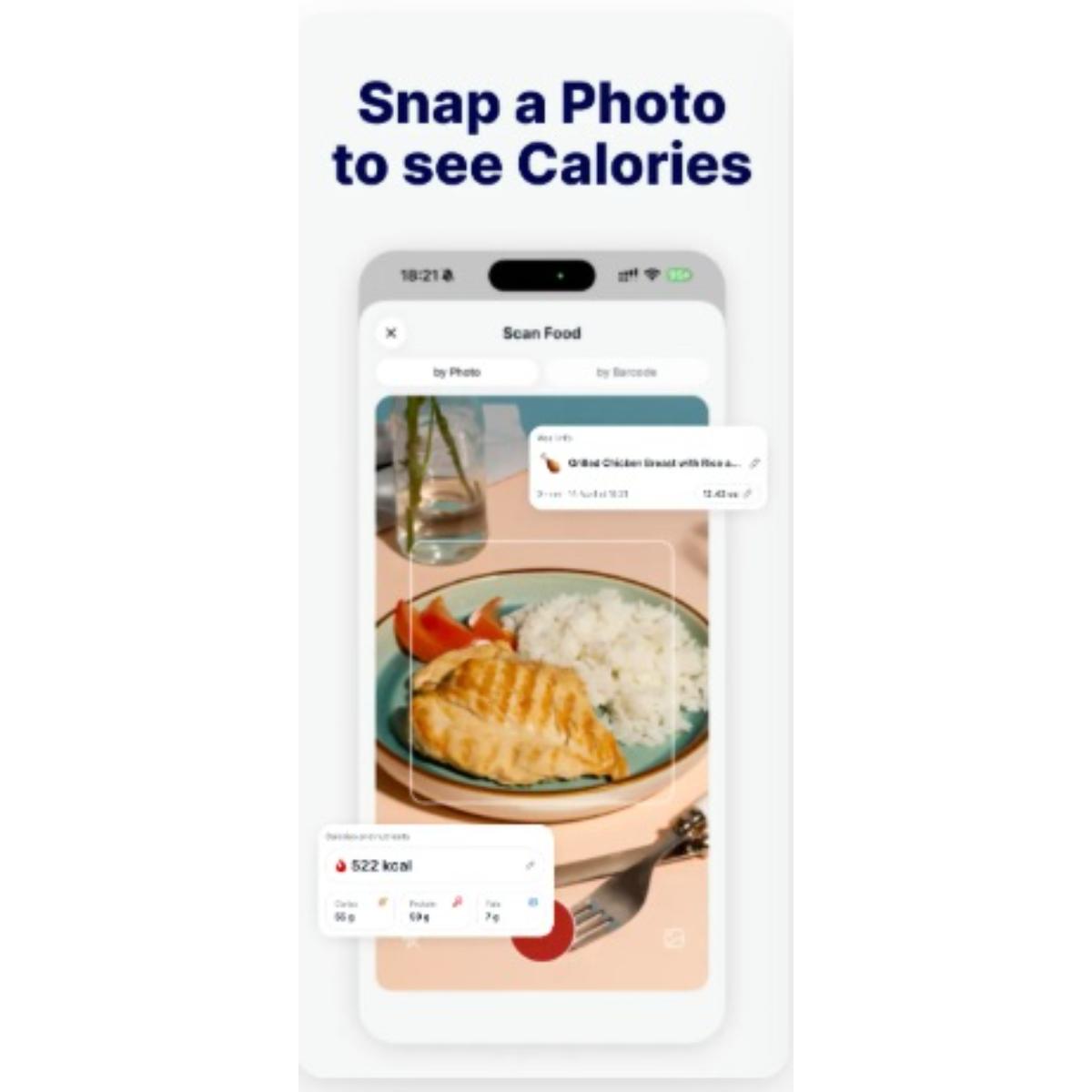 Phone screen showing a food scanning app with a plate of food on a white background