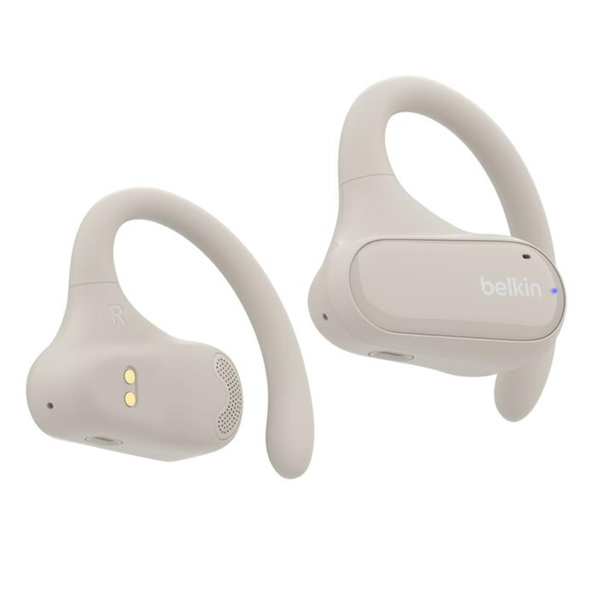 Belkin SoundForm ClearFit open-ear earbuds with ear hooks and charging case
