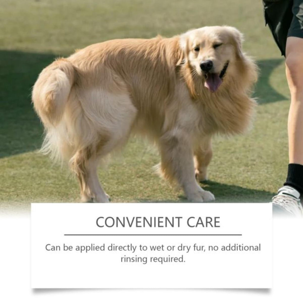 Golden retriever standing on grass with a product label overlay.