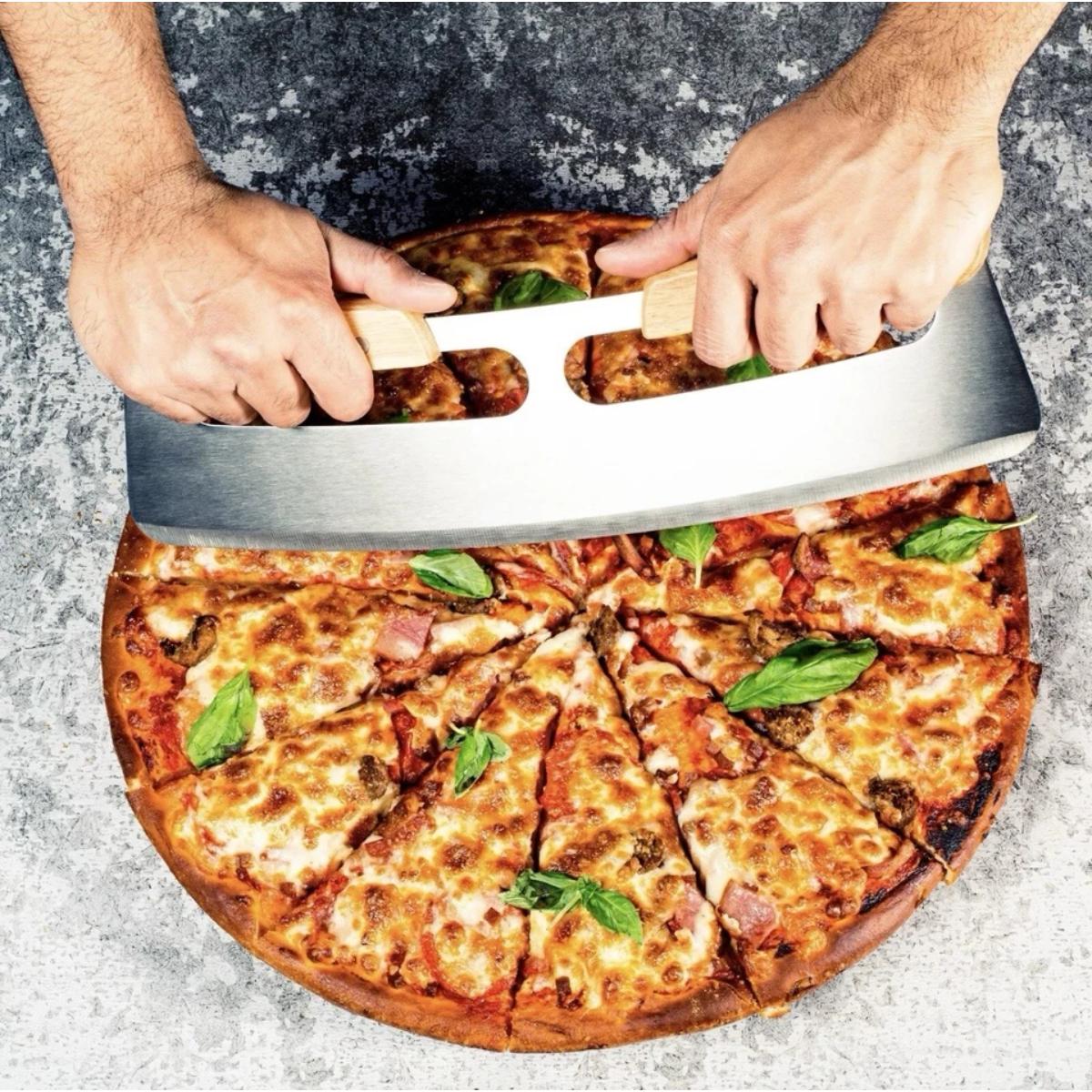pizza with Dolce Mare pizza cutter rocker blade with oak wood handle
