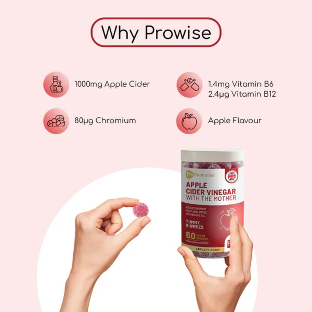 Prowise Apple Cider Vinegar gummies with a pink background and product details.