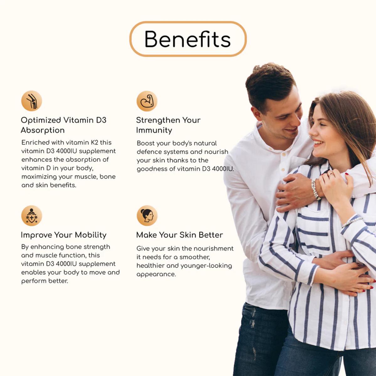 Couple embracing with text about the benefits of a vitamin D supplement on a white background