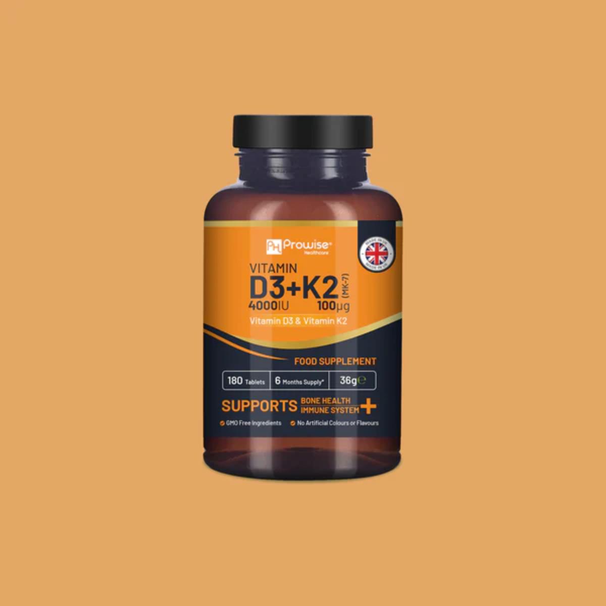 Supplement bottle labeled 'Prowise' with Vitamin D3+K2 on a brown background