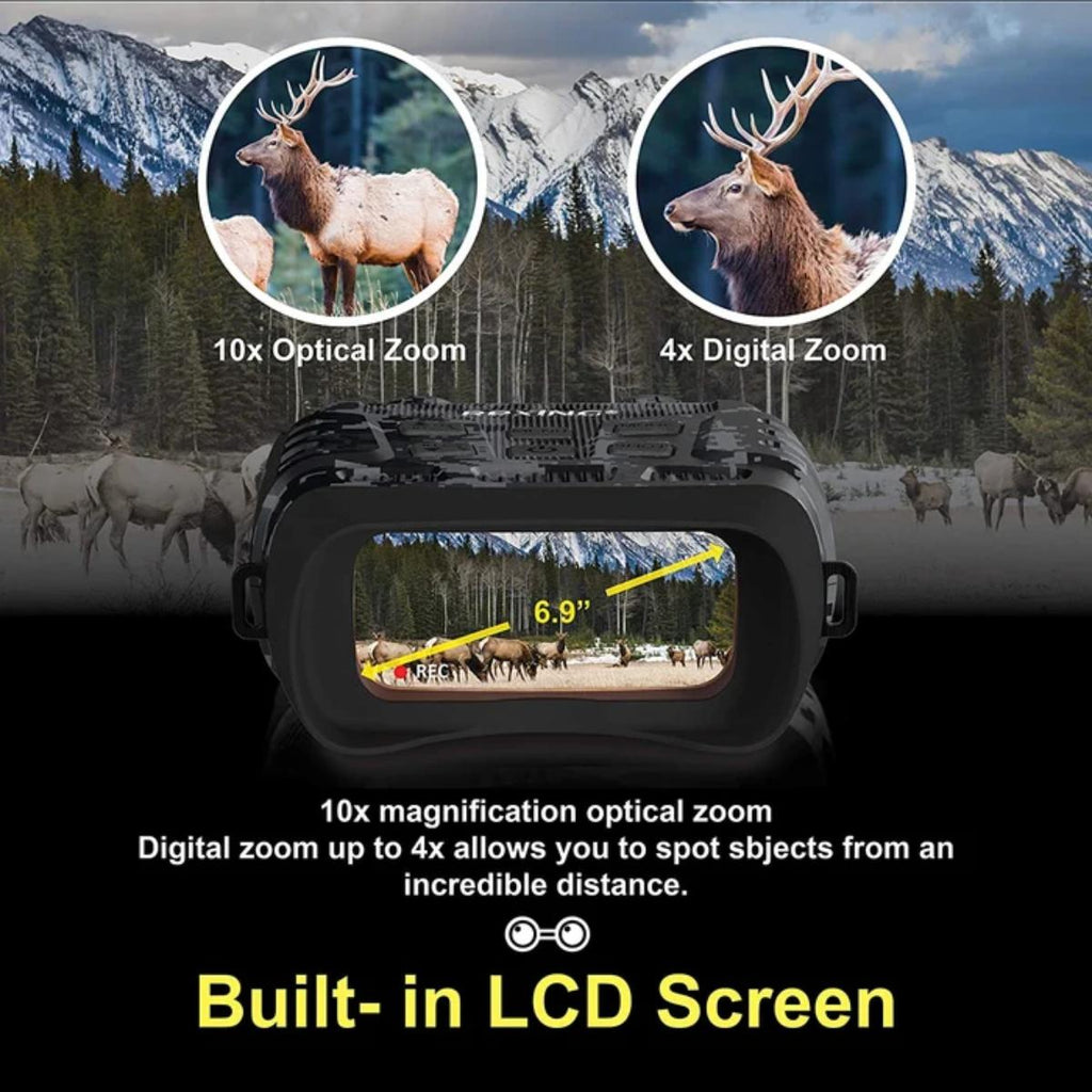 A black built-in LCD screen magnifying eyeglass-style device shown over a forest-and-mountain background with deer imagery. The graphic includes callouts for 10x optical zoom and 4x digital zoom, with text stating 'Built-in LCD Screen' and describing magnification.