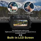 A black built-in LCD screen magnifying eyeglass-style device shown over a forest-and-mountain background with deer imagery. The graphic includes callouts for 10x optical zoom and 4x digital zoom, with text stating 'Built-in LCD Screen' and describing magnification.